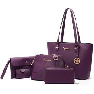 Elegant 5-Piece Women's Handbag Set: Tote, Messenger & Wallet in Purple